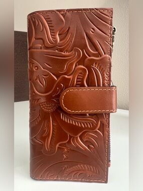 Patricia Nash Tooled Leather Wallet Brown Floral RFID Zip Clutch Embossed New